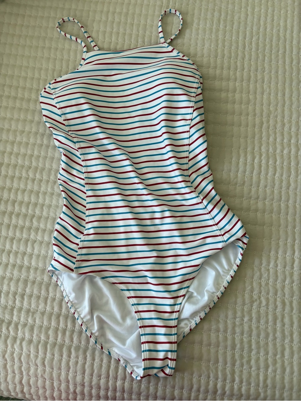 Albion White Swimsuit Red & Light Blue Stripes